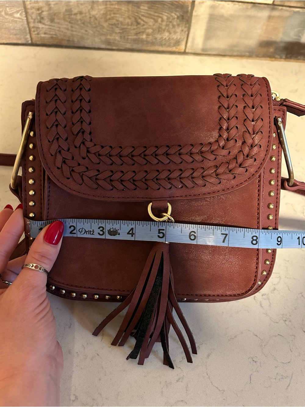 Like New Francesca’s Burgundy Woven Tassel Studded Crossbody Bag - Picture 13 of 14
